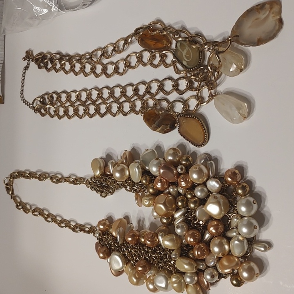 Bold & beautiful bib necklace, faux pearls & Mixed Medium gold tone Necklace Lot